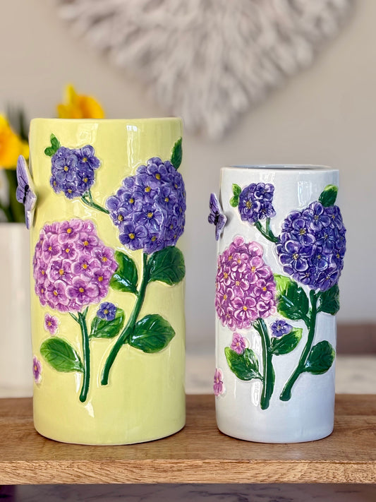 Ceramic Embossed Hydrangea Flower Vase With Butterfly Detail