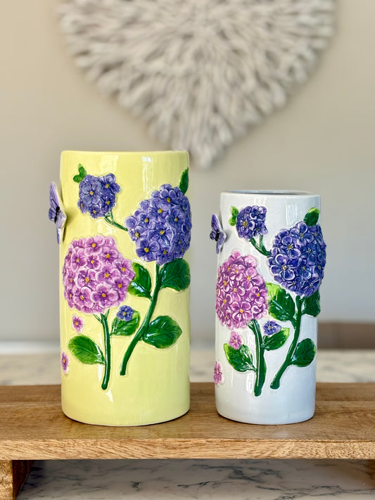 Ceramic Embossed Hydrangea Flower Vase With Butterfly Detail