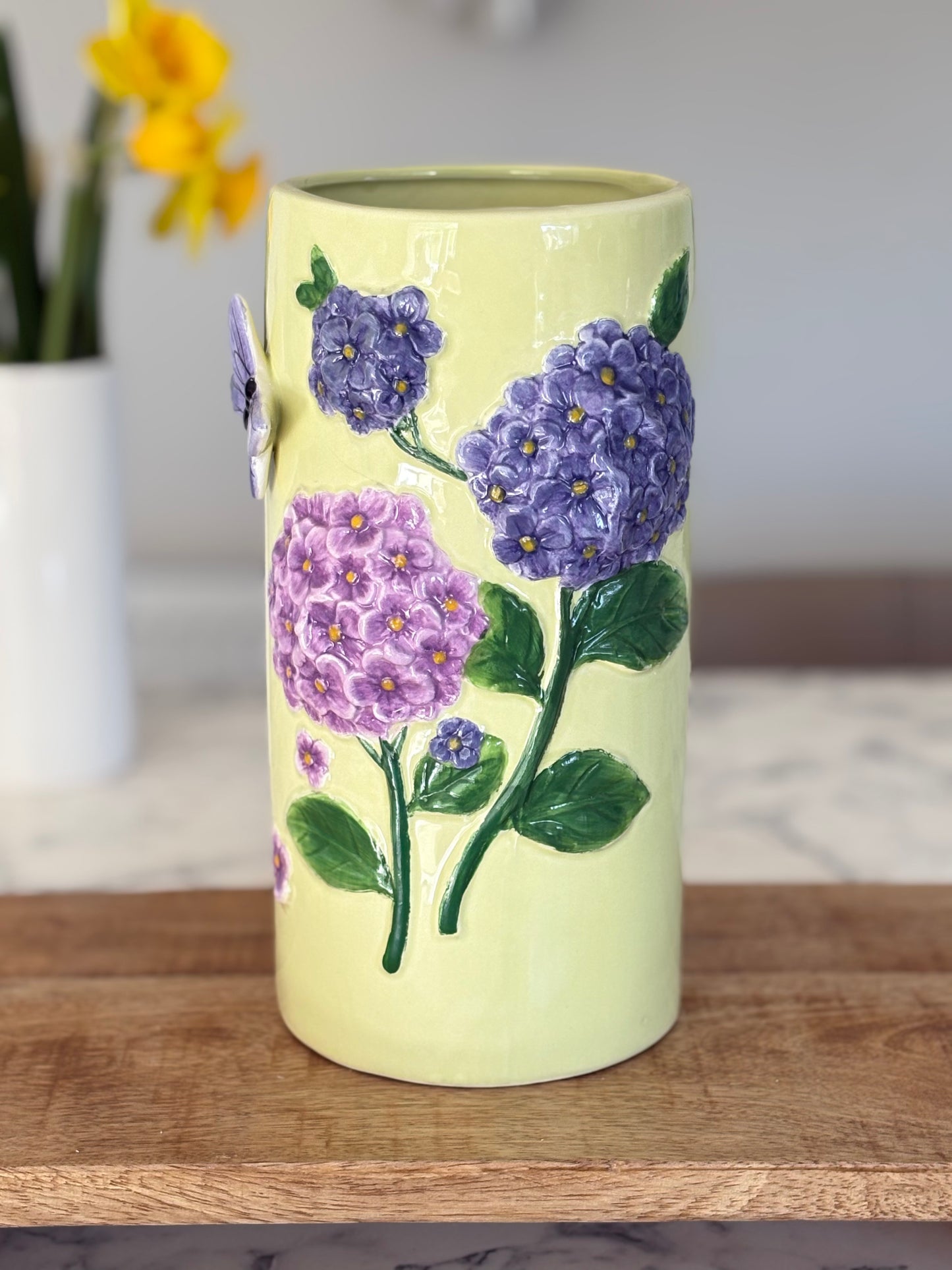 Ceramic Embossed Hydrangea Flower Vase With Butterfly Detail