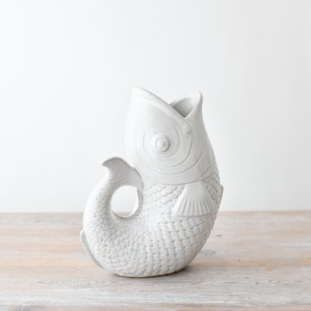 White Ceramic Glug Jug Fish Pitcher | Ceramic Gurgle Coastal Vase