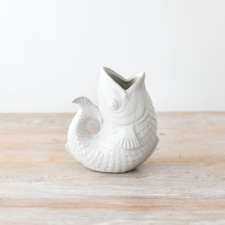 White Ceramic Glug Jug Fish Pitcher | Ceramic Gurgle Coastal Vase