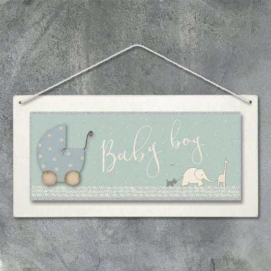 Baby Boy Nursery Sign with Wooden Pram Detail and Animal Artwork