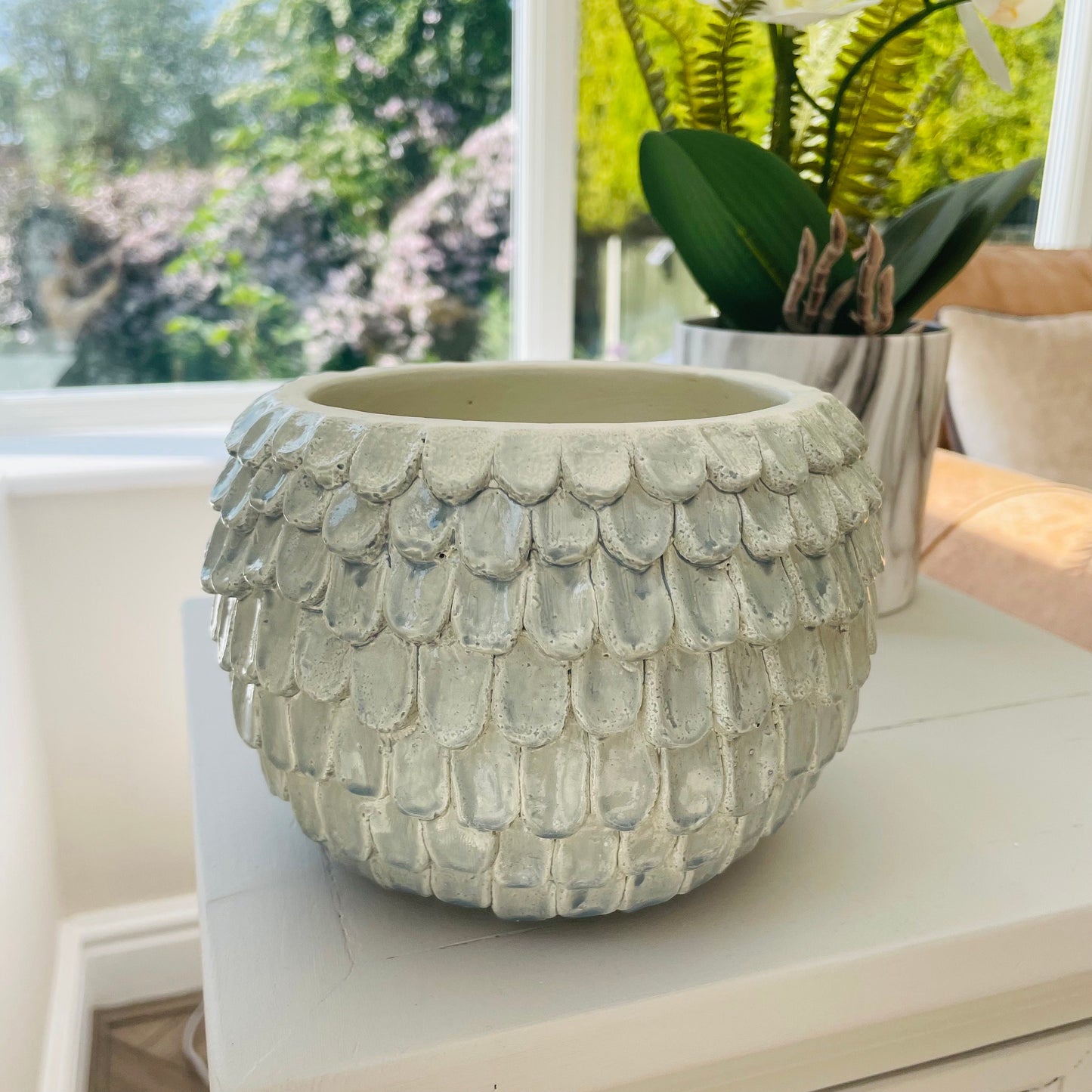 Indoor Plant Pot | Textured Scallop Glazed Green Grey Plant Pot
