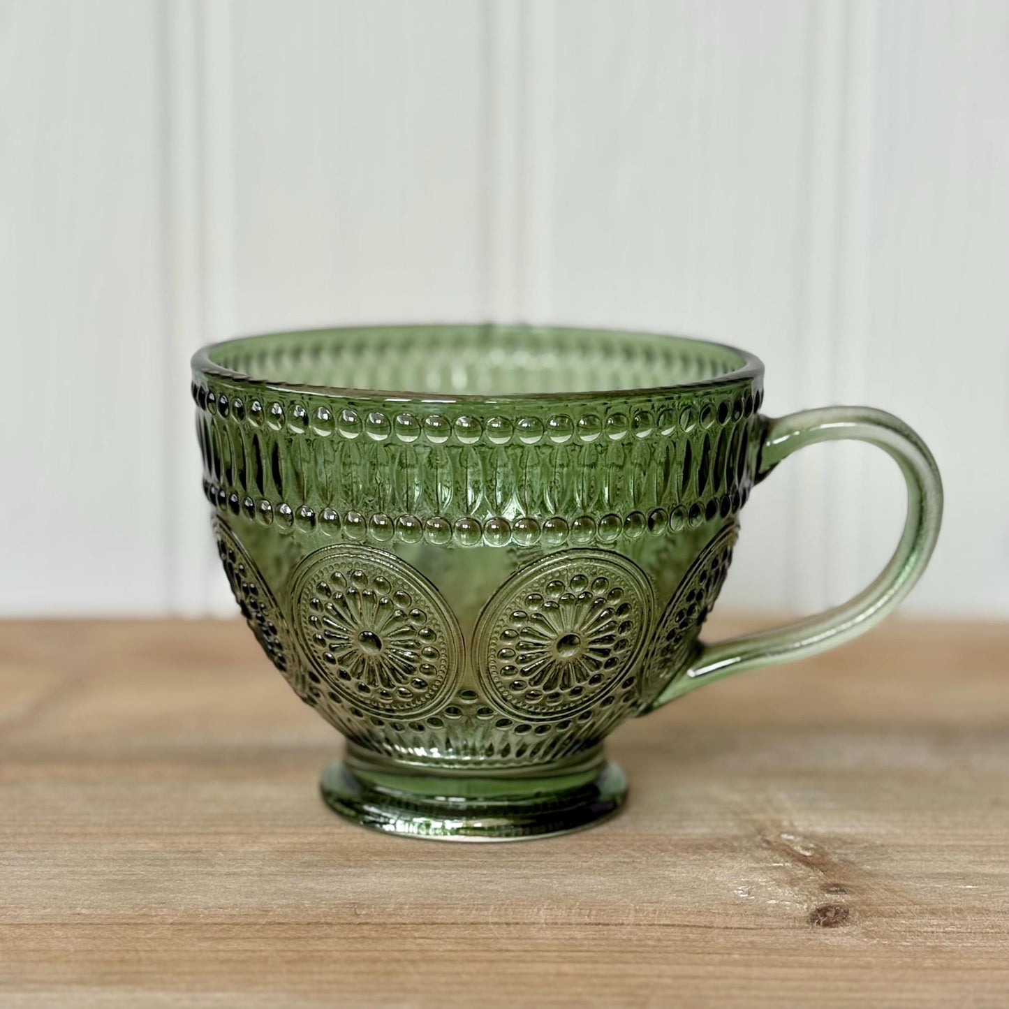 Embossed Pressed Glass Mugs | Blue & Green Embossed Vintage Style Glassware