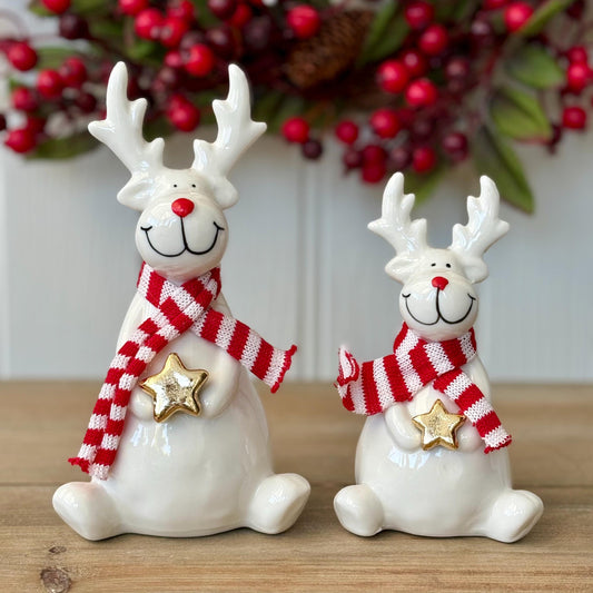 White Ceramic Christmas Sitting Reindeer with Red & White Scarves | Christmas Ceramic Figurine Ornaments