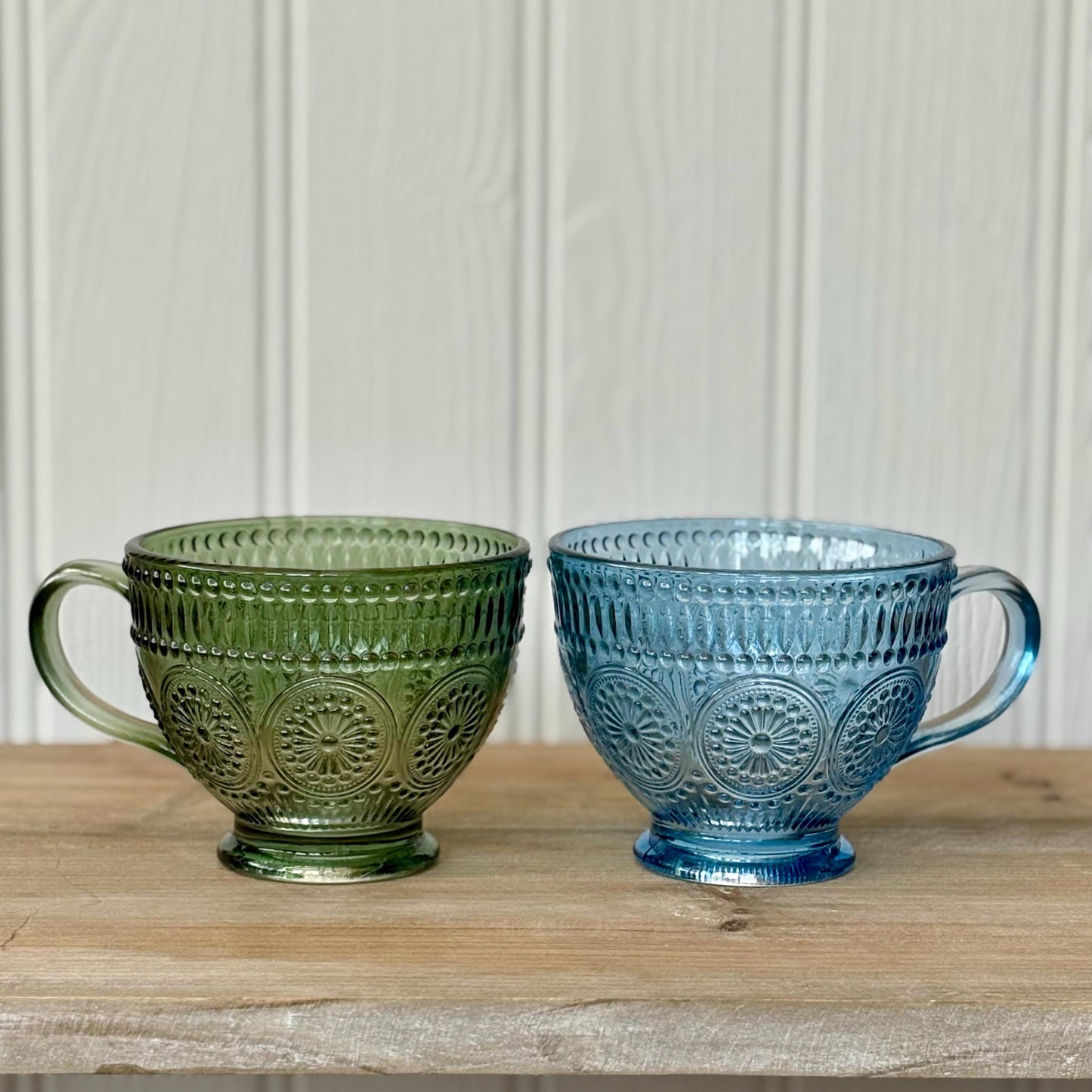 Embossed Pressed Glass Mugs | Blue & Green Embossed Vintage Style Glassware
