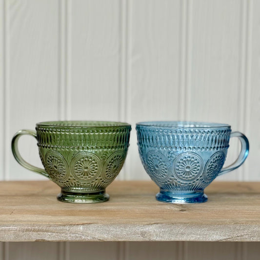 Embossed Pressed Glass Mugs | Blue & Green Embossed Vintage Style Glassware