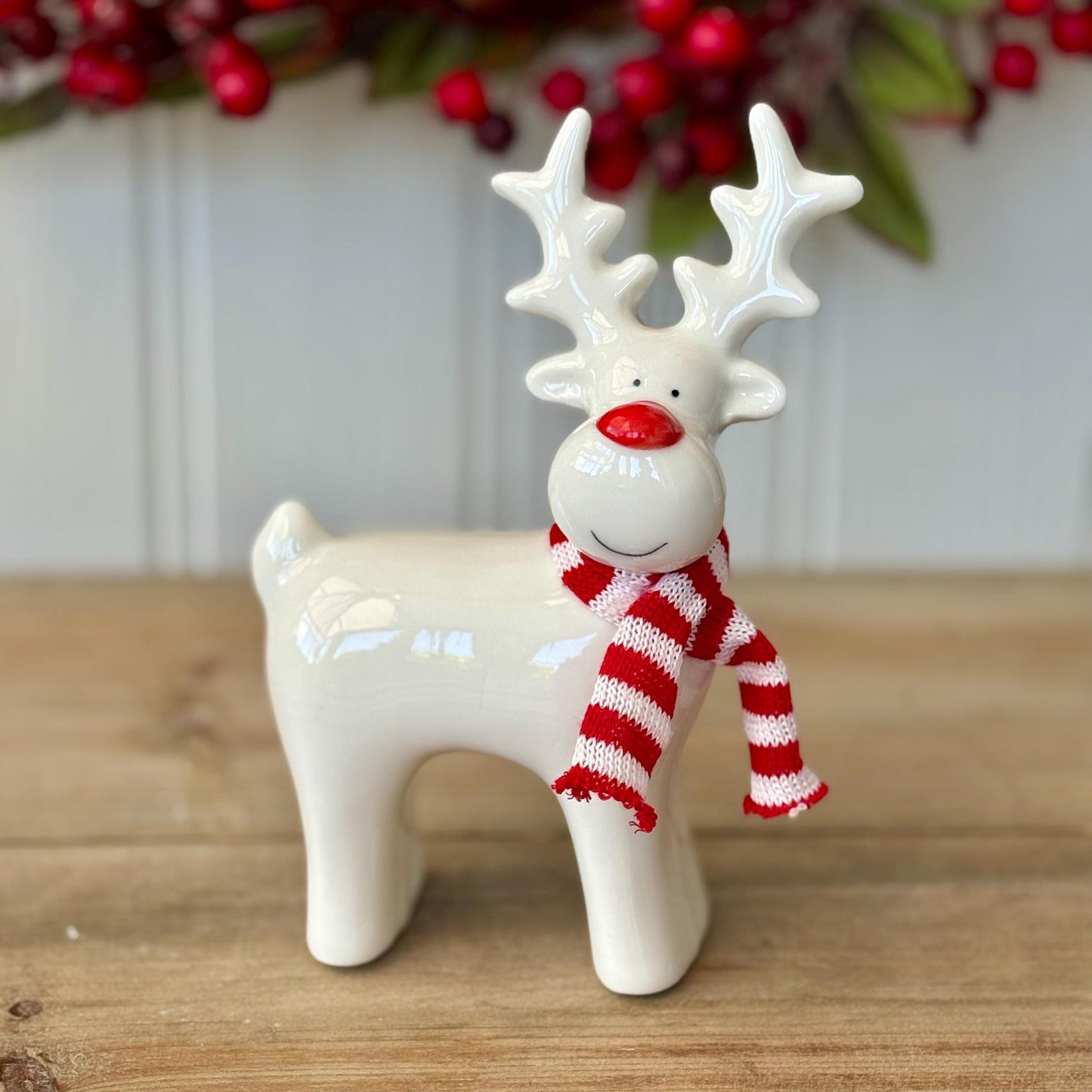 White Ceramic Christmas Reindeer Ornament with Knitted Scarf | White Christmas Reindeer with Red Nose & Scarf | Festive Christmas Decor