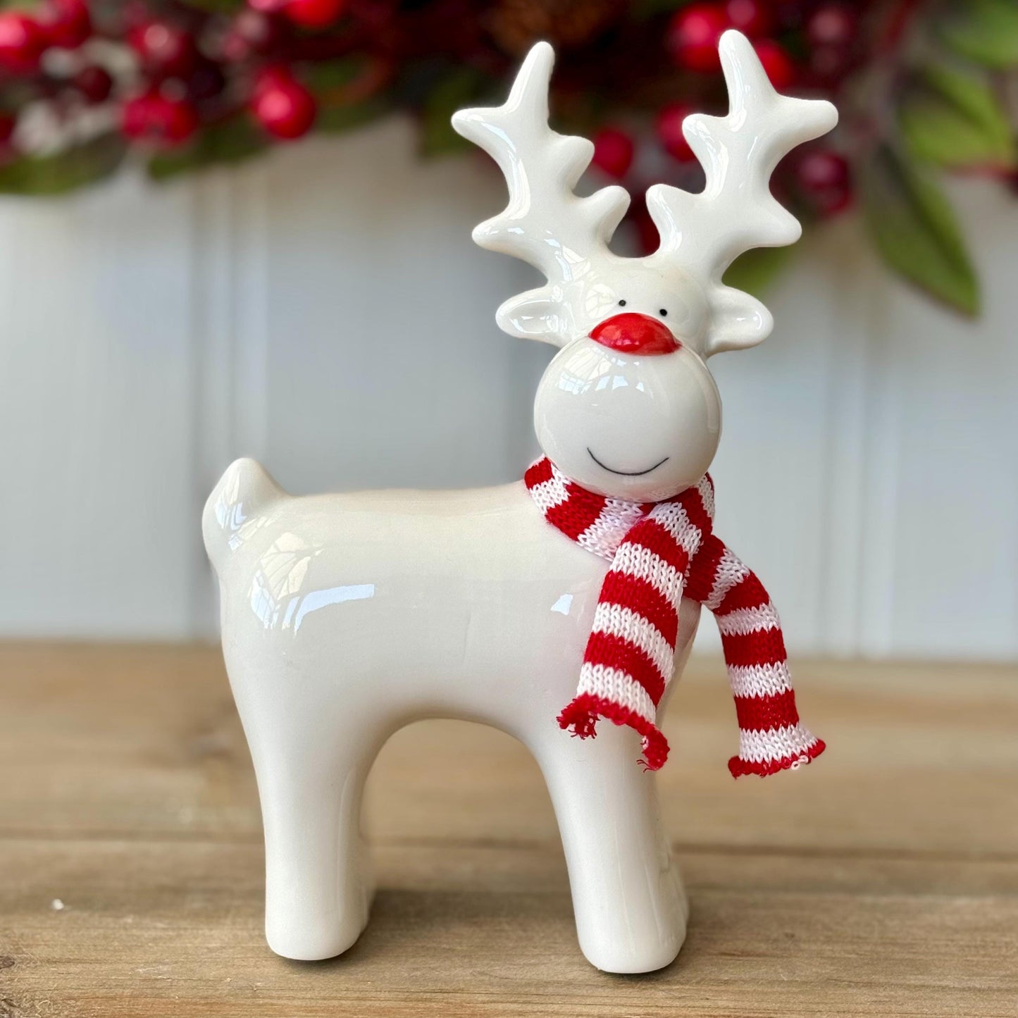 White Ceramic Christmas Reindeer Ornament with Knitted Scarf | White Christmas Reindeer with Red Nose & Scarf | Festive Christmas Decor