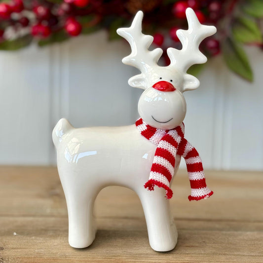 White Ceramic Christmas Reindeer Ornament with Knitted Scarf | White Christmas Reindeer with Red Nose & Scarf | Festive Christmas Decor