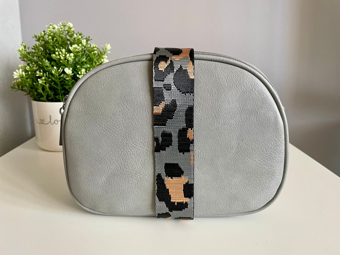 Grey Triple Zipped Crossbody Bag with Detachable Leopard Print Bag Strap