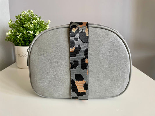 Grey Triple Zipped Crossbody Bag with Detachable Leopard Print Bag Strap