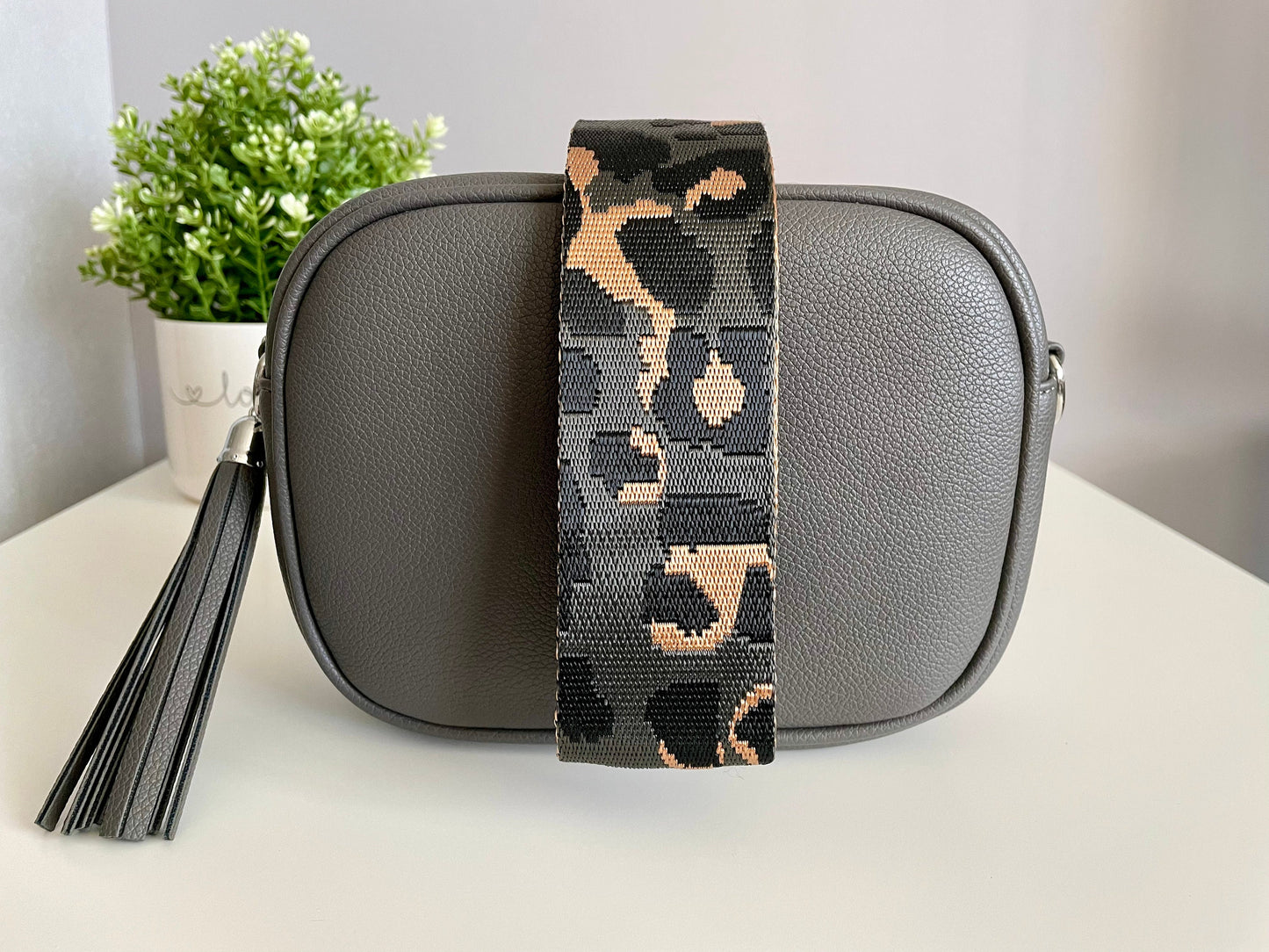 Grey Crossbody Tasseled Handbag with Two Changeable Straps