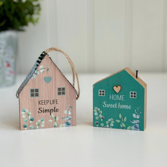Set of Two Mini Wooden House Block Decorations