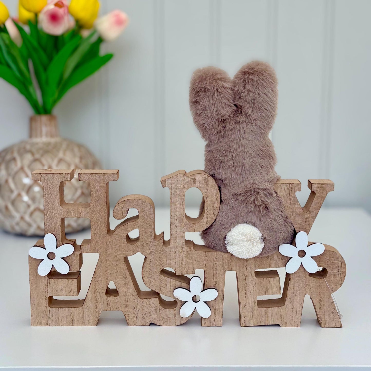 Happy Easter Wooden Display Sign with Fur Bunny Rabbit