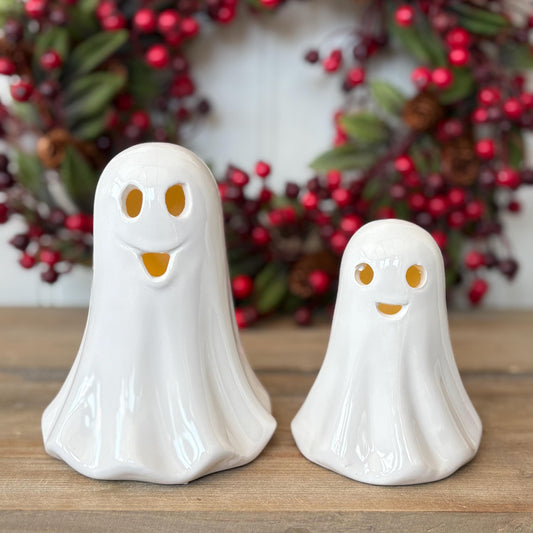 Ceramic LED Ghost Ornament | Glossy White Halloween Decoration | Cute Light Up Ghost Figurine | Spooky Home Decor | Friendly Ghost