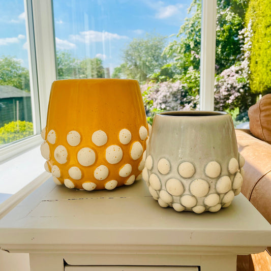 Indoor Plant Pots | Grey & Yellow Crackle Glaze Ceramic Textured Bobble Planters