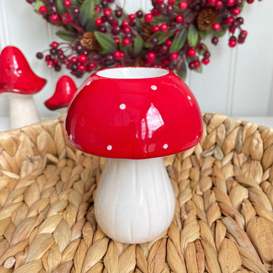 Ceramic Red Mushroom Autumn Tea Light Holder