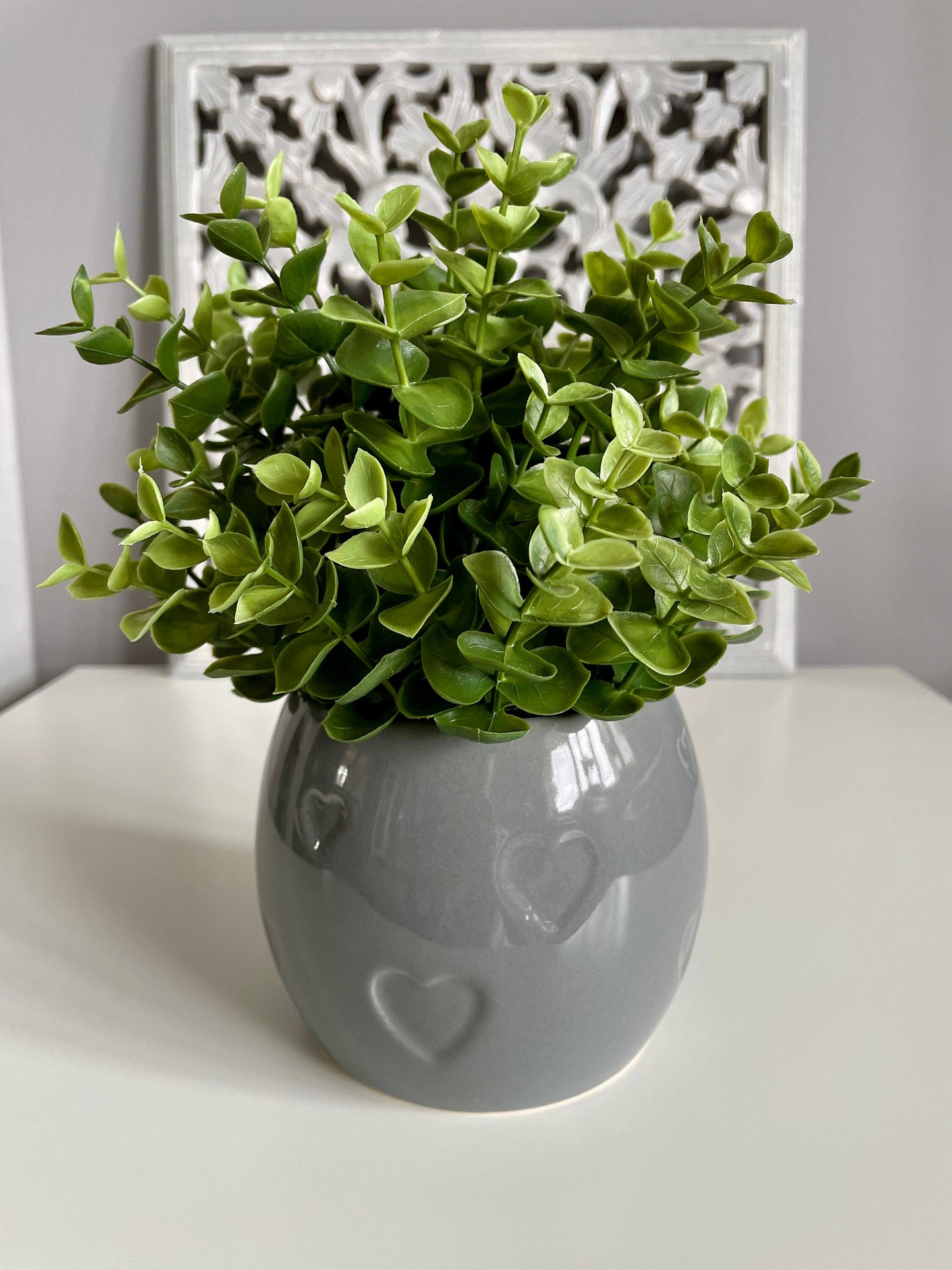 Grey and Ivory Plant Pots with Embossed Hearts