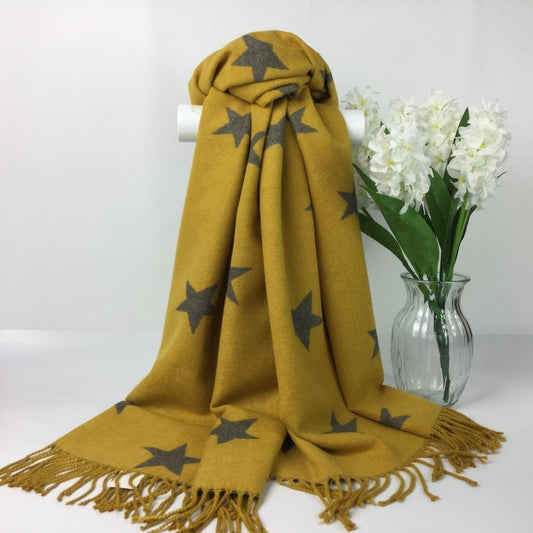 Mustard & Grey Cashmere Blend Star Print Reversible Tasseled Autumn Winter Scarves
