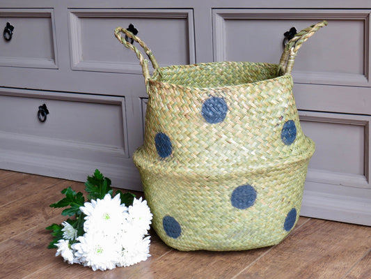 Grey Polka Dot Seagrass Basket | Storage Basket | Planter | Dog Toy Basket | Hamper Basket