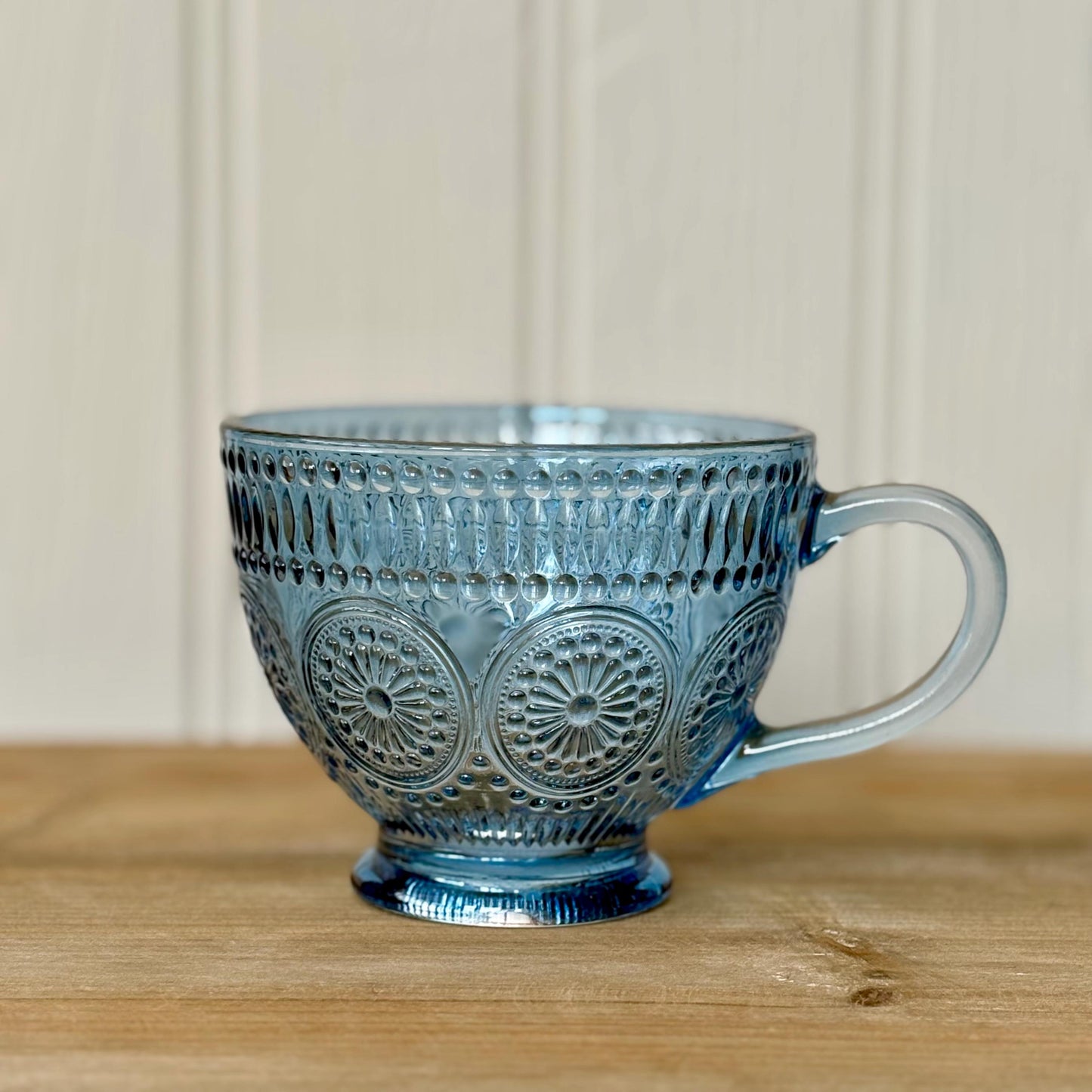 Embossed Pressed Glass Mugs | Blue & Green Embossed Vintage Style Glassware