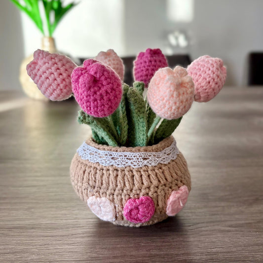 Pink Crochet Tulips in Flower Pot