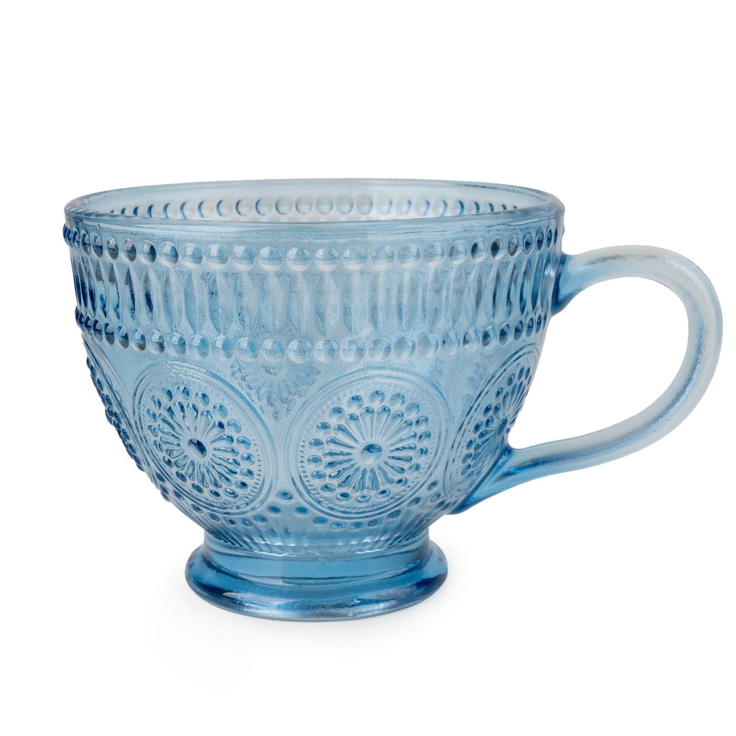 Embossed Pressed Glass Mugs | Blue & Green Embossed Vintage Style Glassware