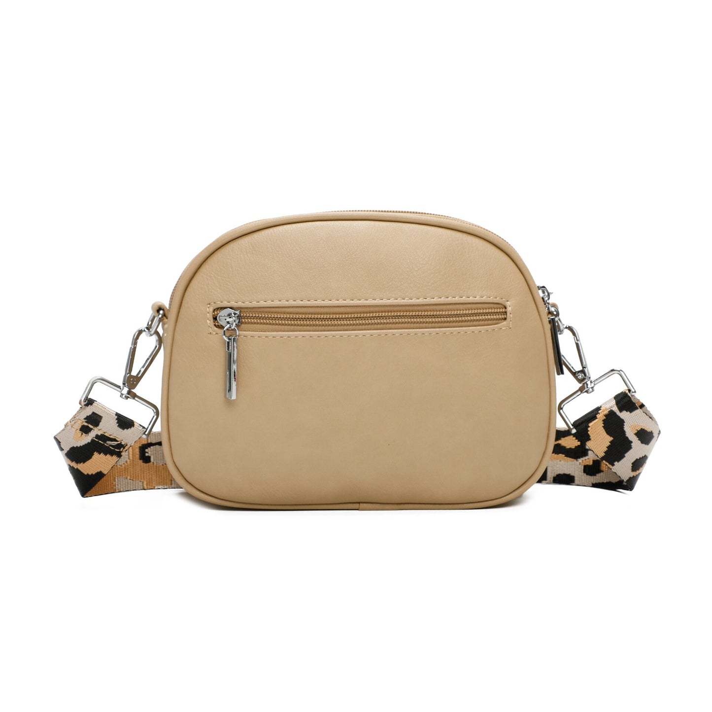 Grey Triple Zipped Crossbody Bag with Detachable Leopard Print Bag Strap