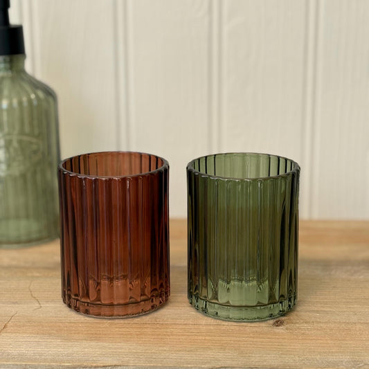 Ridged Glass Bathroom Tumblers | Green & Amber | Vintage Inspired Bathroom Decor