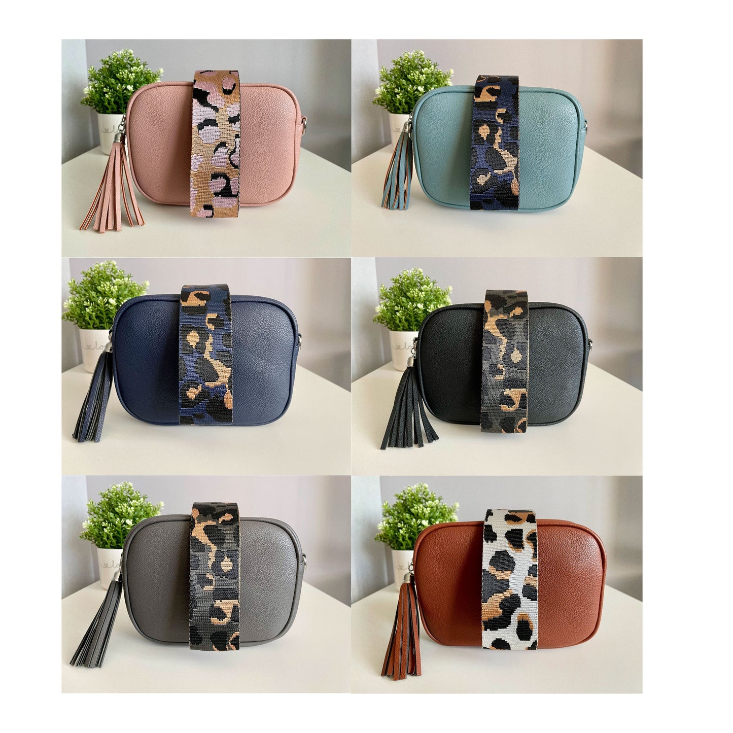 Grey Crossbody Tasseled Handbag with Two Changeable Straps