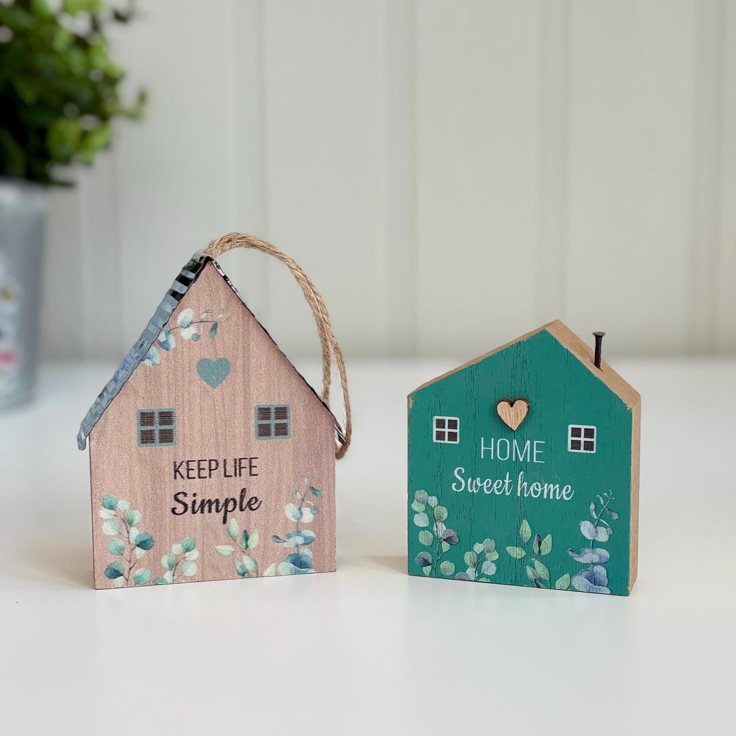 Set of Two Mini Wooden House Block Decorations