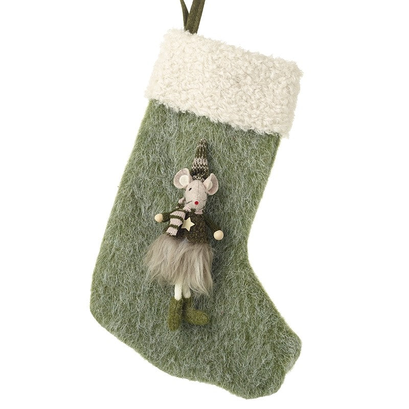 Decorative Green Christmas Stocking with Mouse